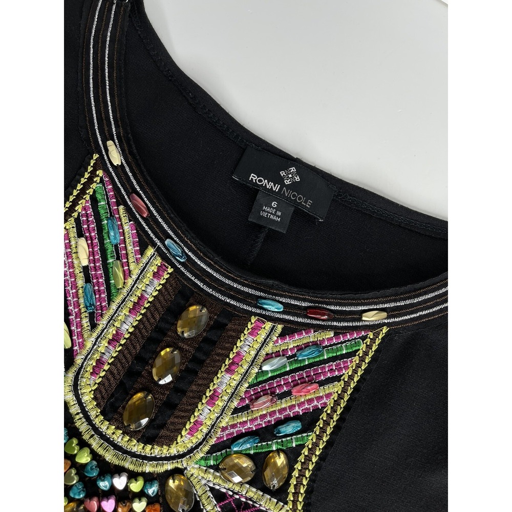Ronni Nicole Womens 6 S Tunic Dress Shift Embellished Neckline Black Tee Shirt - Picture 3 of 5